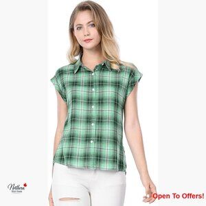 Summer Plaid Button Down Shirt with Cap Sleeves, 100% Cotton